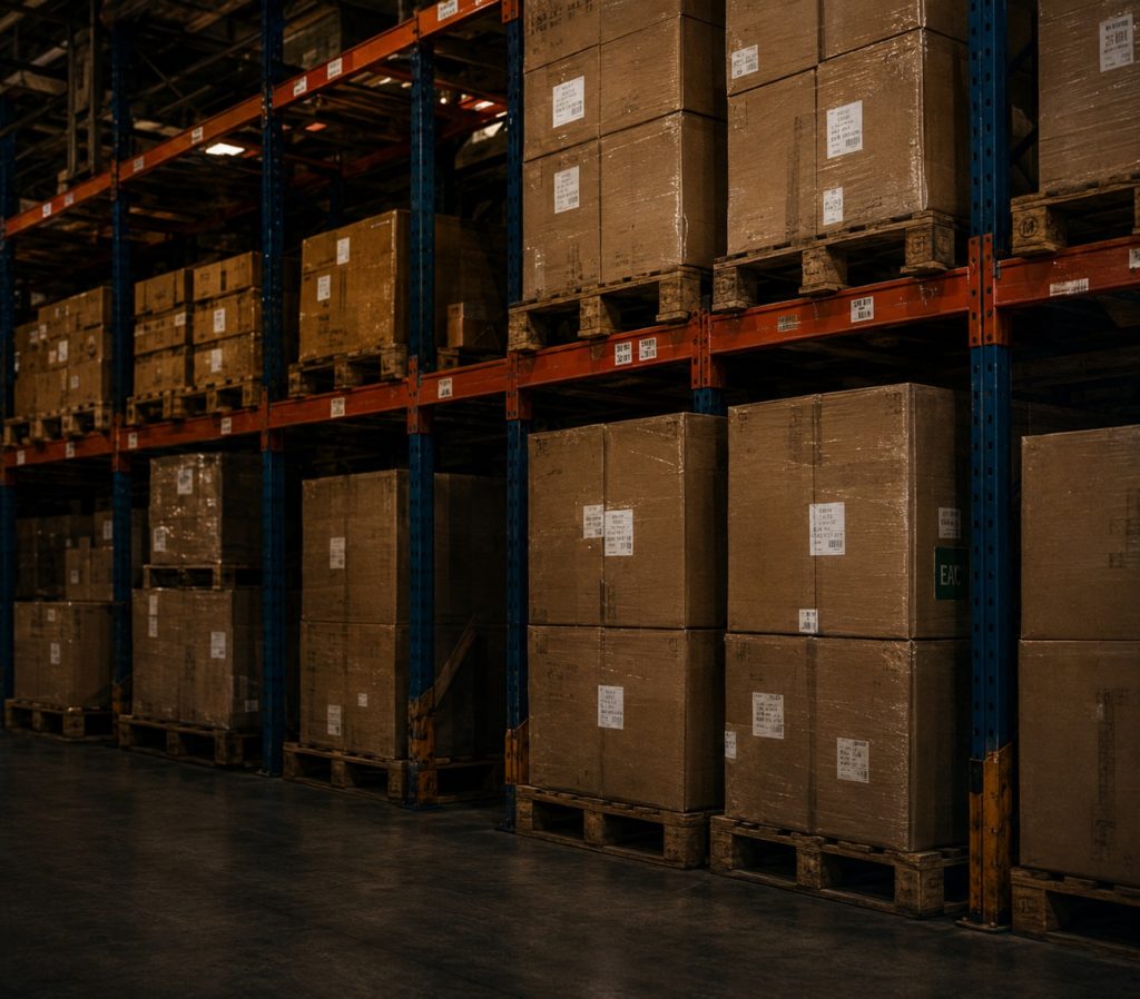 Wholesale product pallets representing Finoda SI's product resale portfolio category