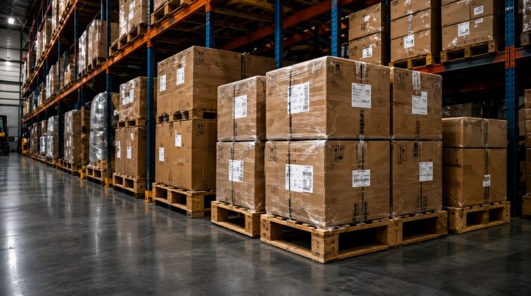 Stacked wholesale inventory pallets representing product and inventory acquisition opportunities