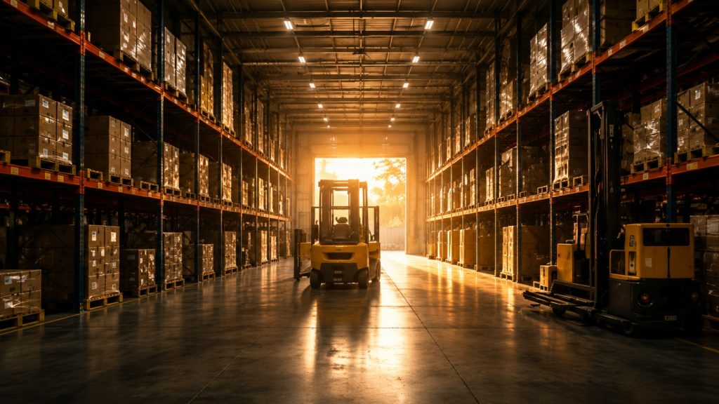 Warehouse interior with stacked inventory, reflecting Finoda SI's hands-on, operator-led approach